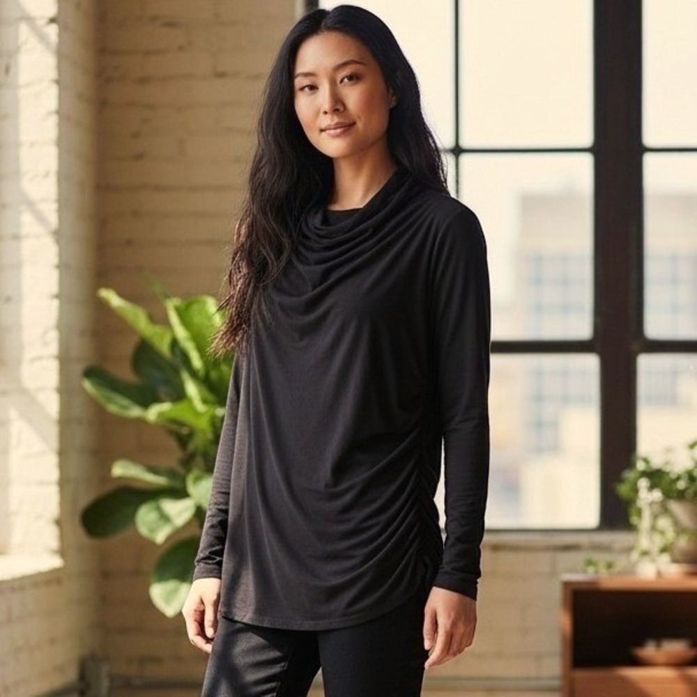 Liverpool Los Angeles Top XL Black Cowl Neck Ruched‎ Long Sleeve Minimalist Chic